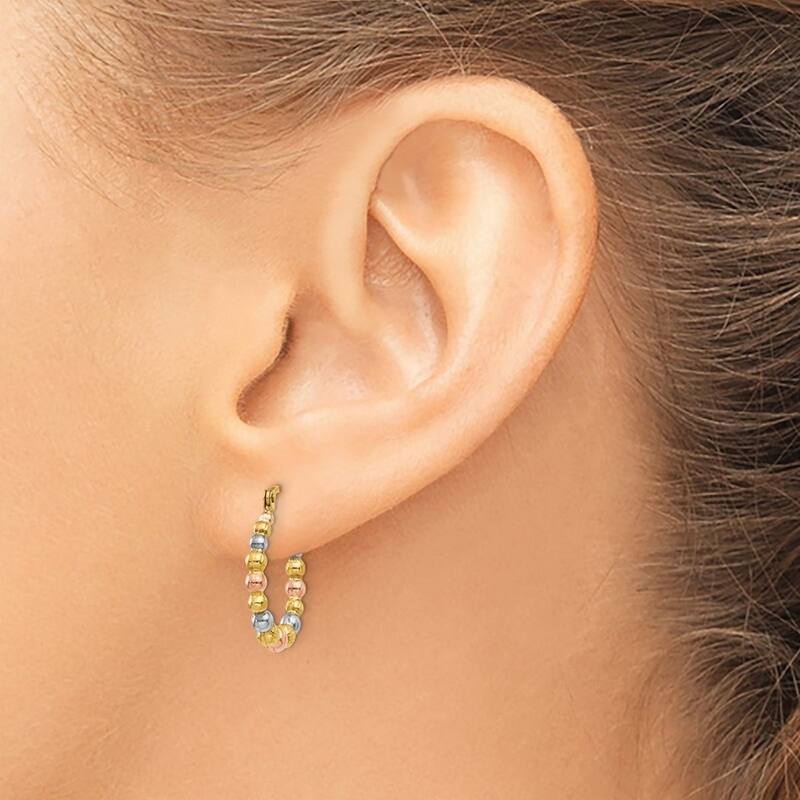 Curata 14k Yellow Gold 18mm White and Rose Rhodium Textured Bead Hoop Earrings