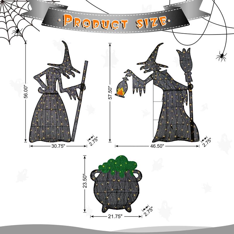 Glitzhome 5ft Set of 3 Pre-lit Halloween 3D Witches with Cauldron Outdoor Decor with 340 Warm White LED Lights