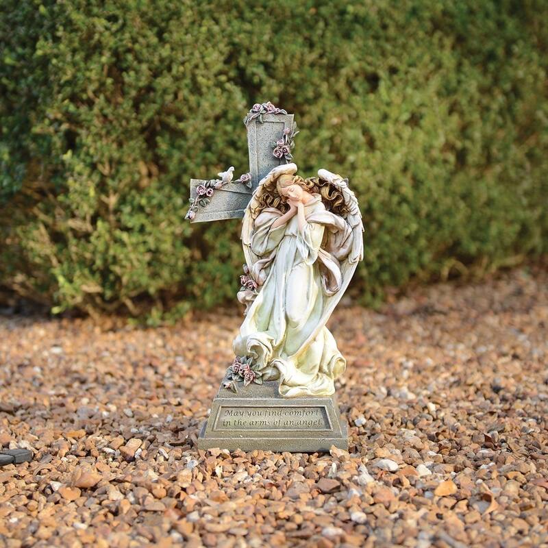 Curata May You Find Comfort in The Arms of an Angel Memorial Angel Cross Stone Resin Statue