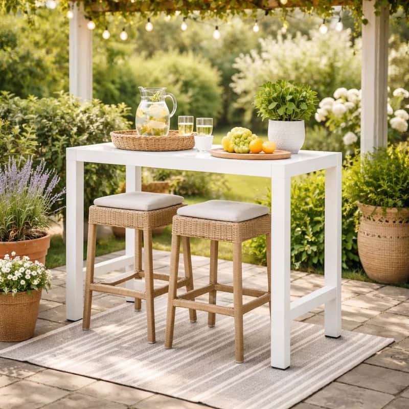 Kylo 59 Inch Outdoor Bar Height Table, White Aluminum Frame, Plank Surface
