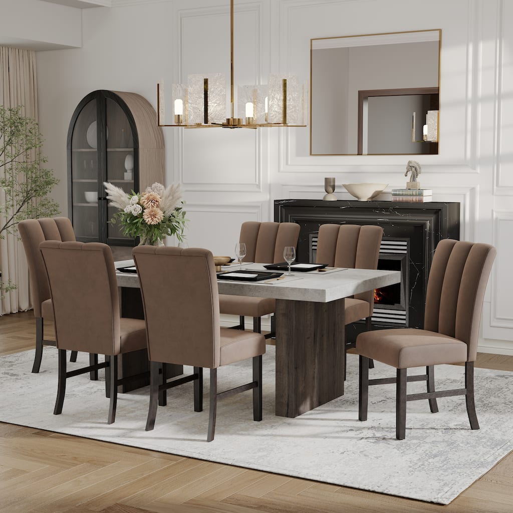 Roundhill Furniture Sorlen 7-Piece Dining Set, 3D Faux Concrete Table with 6 Chocolate Fabric Chairs