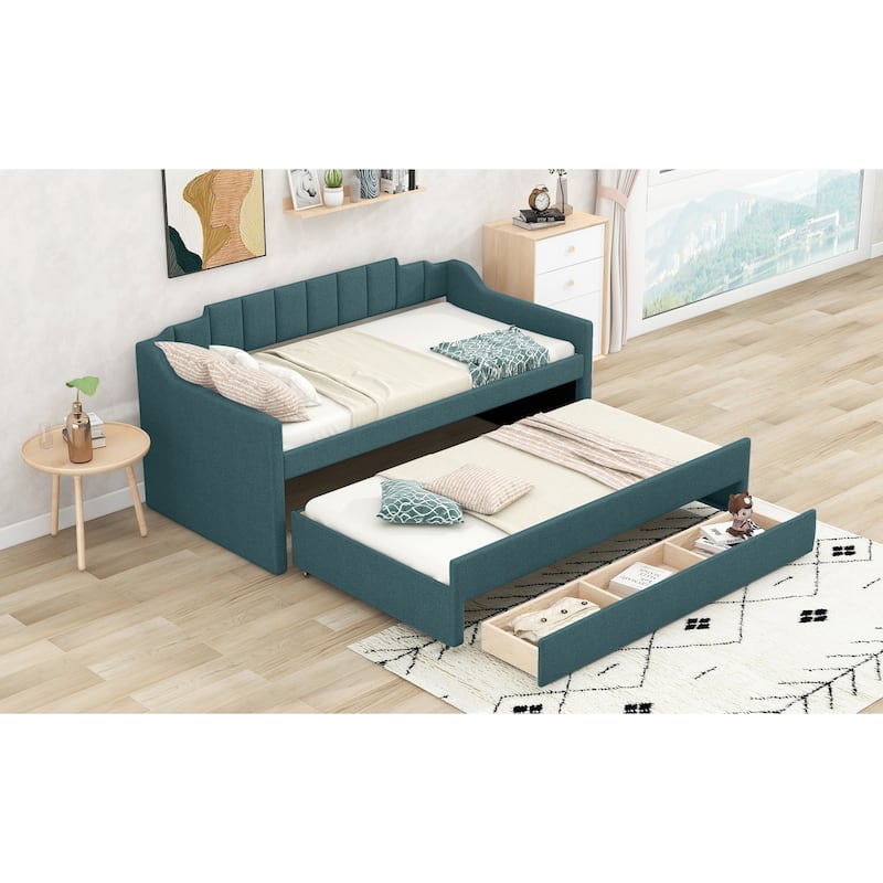Twin Size Upholstered Daybed with Trundle and Three Drawers