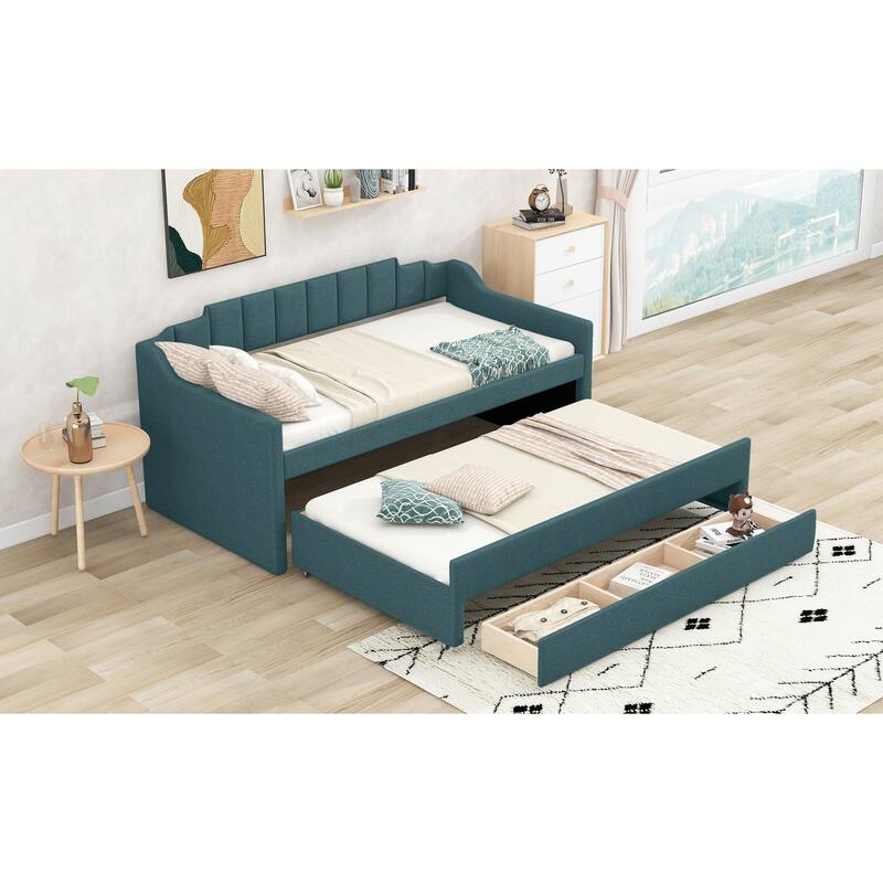 Twin Upholstered Daybed with Trundle and Storage Drawers, Stylish Linen Blend, Ideal for Small Spaces and Guest Rooms