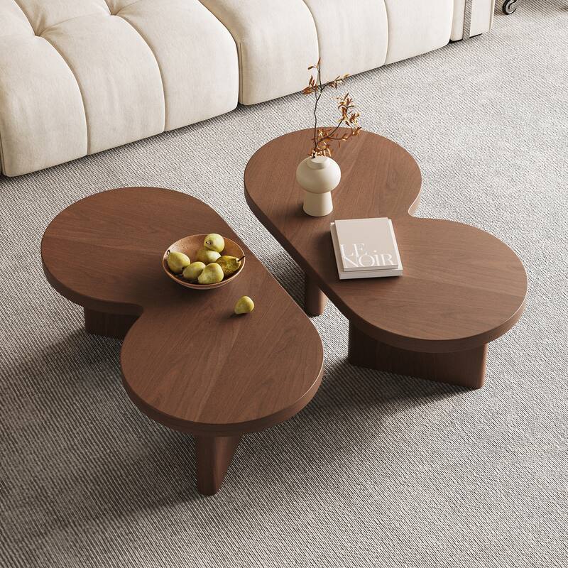 Modern Wood Coffee table, Mid Century Wood Side Table for Living Room, 2 Pieces