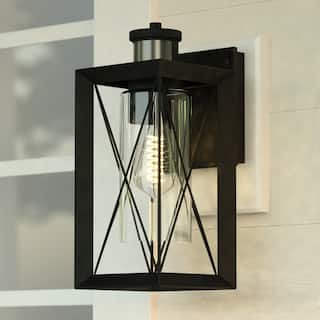 Milton Matte Black Motion Sensor Dusk to Dawn Outdoor Wall Light Transitional Clear Glass - 6-in W x 14-in H x 7-in D