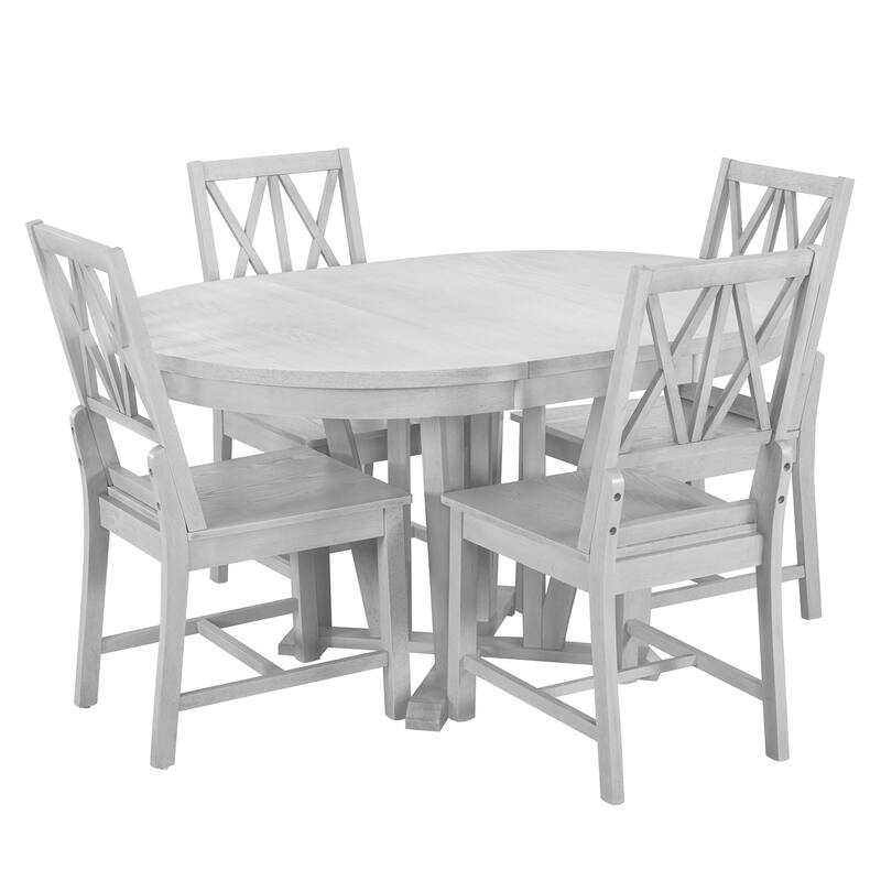 5-Piece Rustic Dining Set with Round Trestle Table, Extendable 15.8" Leaf, 4 Cross Back Dining Chairs for Kitchen & Dining Room