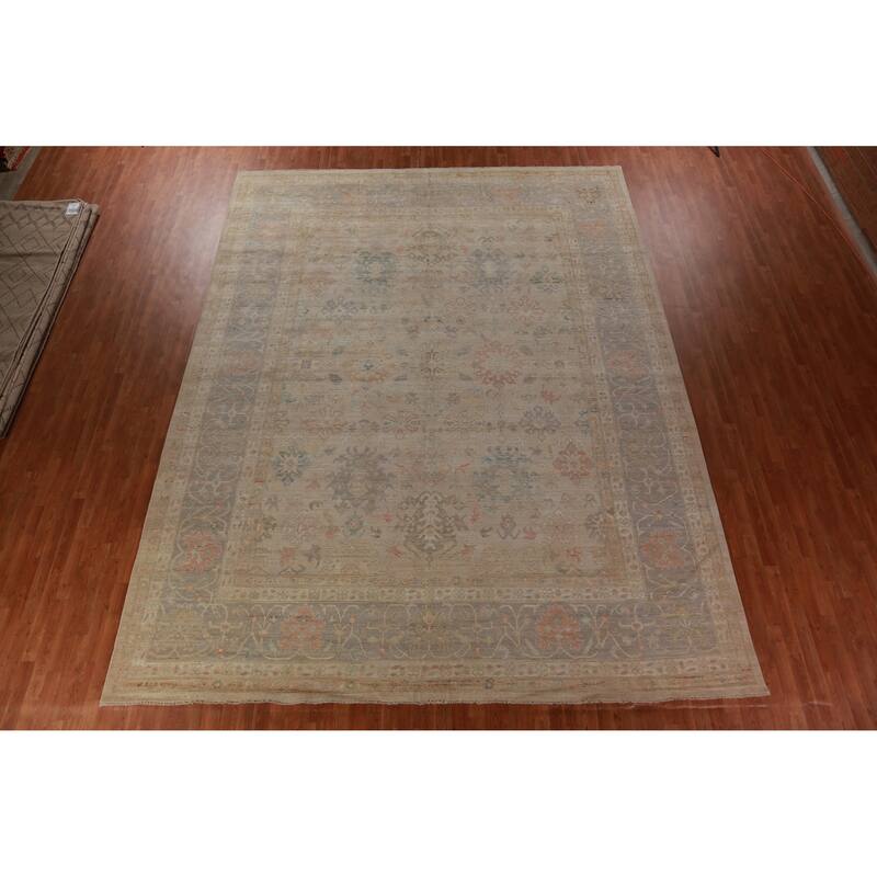 Hand Knotted Oriental 100% Wool Carpet Transitional All-Over Beige & Ivories Oushak Area Rug - 14' 9'' X 11' 4''