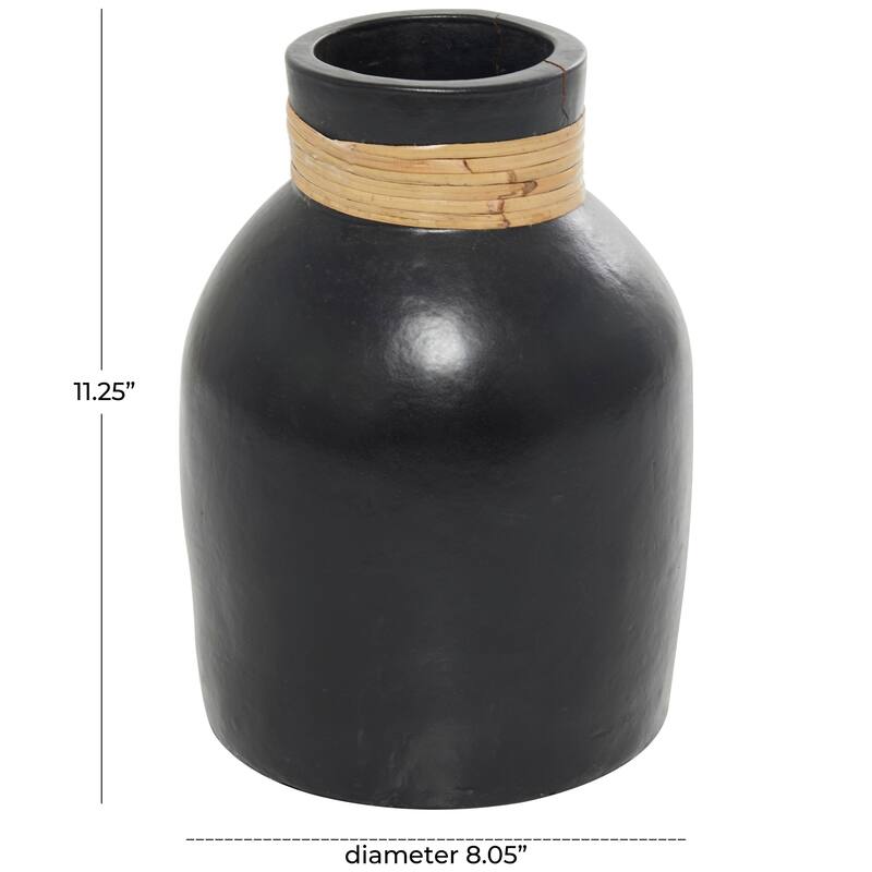 Modern Black Ceramic Vase with Stylish Wrapped Rattan Detailing