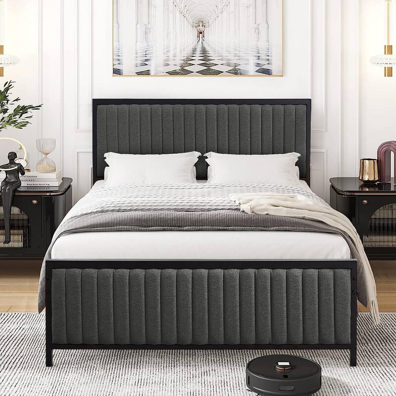 Javlergo Bed Frames with Upholstered Tufted Headboard and Footboard, Heavy Duty Steel Slats Platform, No Box Spring Needed