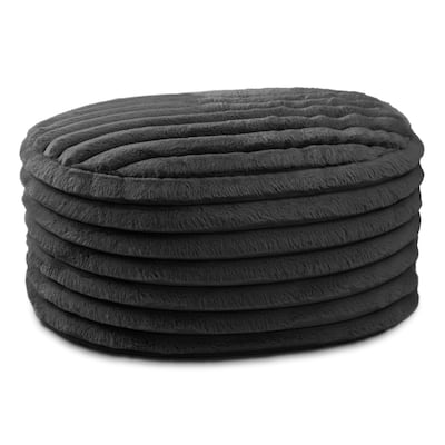 Large Ribbed Faux Fur Plush Pouf Ottoman - 35" - Black