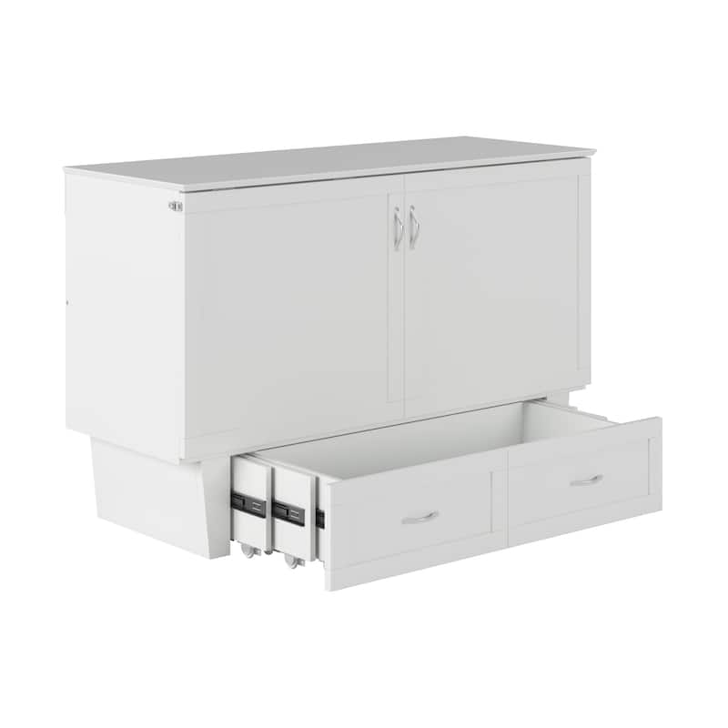 Chelsea Queen Murphy Bed Chest with 6" Mattress, Storage Drawer & Built-In Charger in White