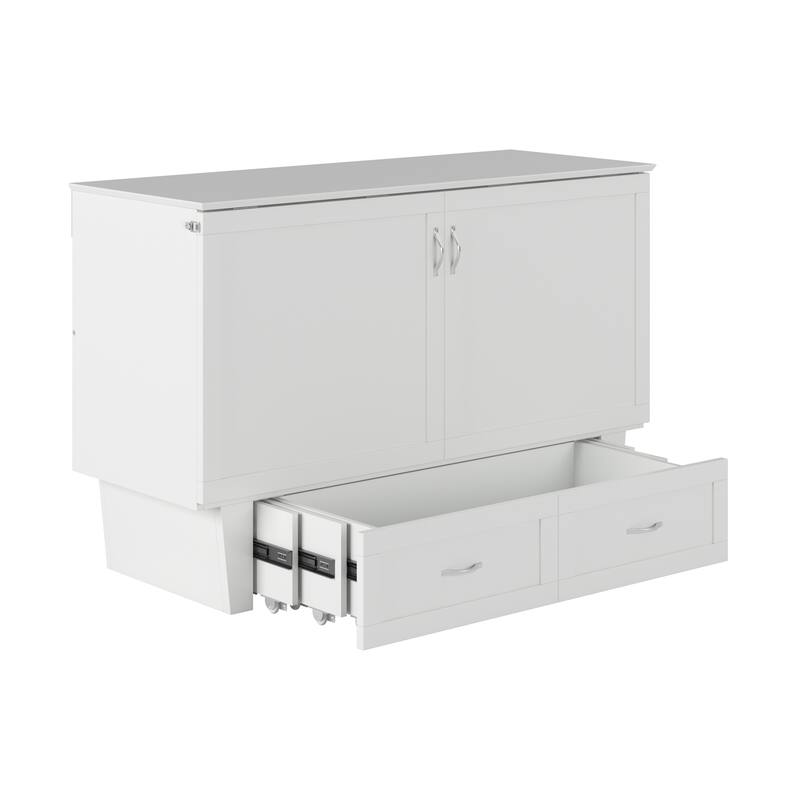 Monroe Queen Murphy Bed Chest with 6" Mattress, Storage Drawer & Built-In Charger in White
