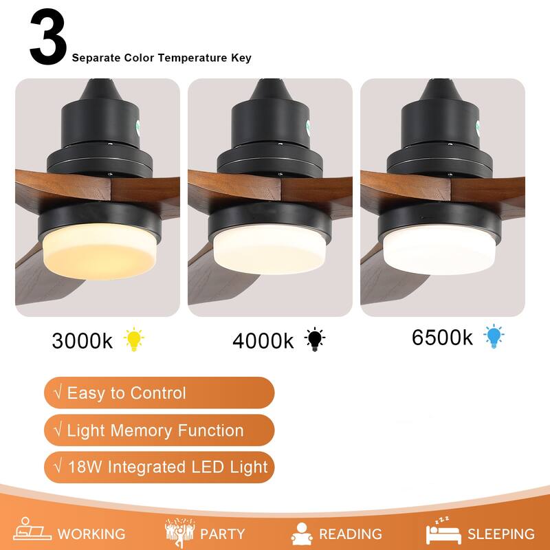 52 Inch Indoor Ceiling Fan With Dimmable Led Light 3 Solid Wood Blades Remote Control Reversible DC Motor Black For Living Room