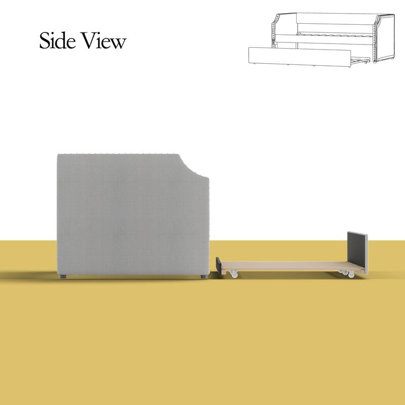Modern Twin Size Upholstered Daybed with Trundle, Light Gray Fabric Sofa Bed with Plywood Slats and Nailhead Trim