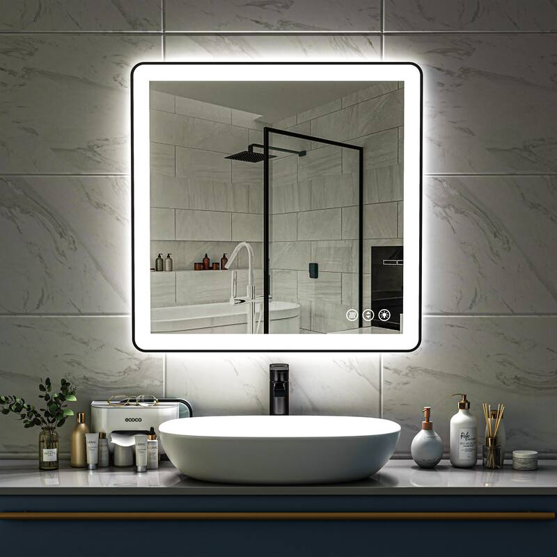 TOOLKISS Black Frame Anti-Fog Dimmable LED Light Vanity Bathroom Mirror with Backlit and Front Light
