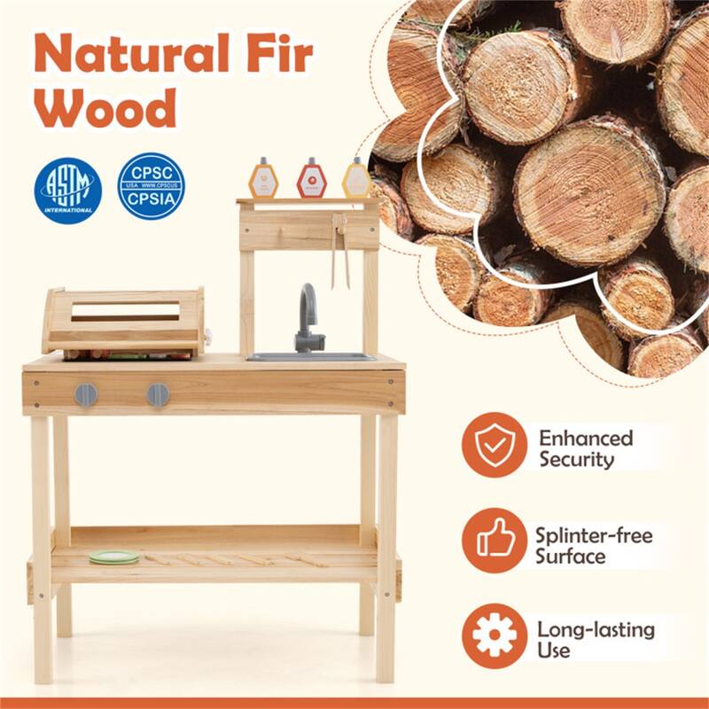 Kids Wooden BBQ Grill Playset with Sink Storage and Utensils Natural Outdoor Pretend Cooking Toy for Ages 3 and Up