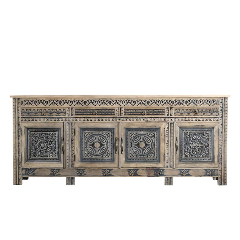 HomeRoots 102" Natural And Black Distressed Solid Wood Carved Geometric Four Drawer Sideboard