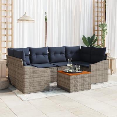 vidaXL 7 Garden Sofa Set with Cushions Black/Grey Poly Rattan - 92.1 x 48.6 x 27.2