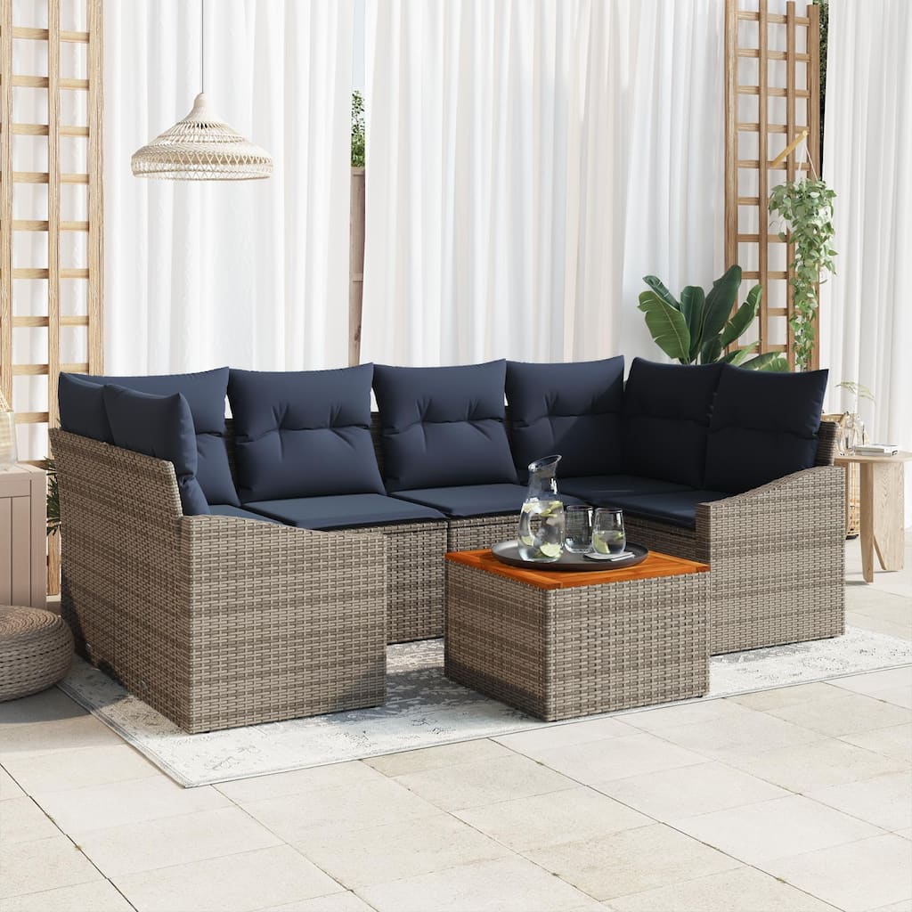 vidaXL 7 Garden Sofa Set with Cushions Black/Grey Poly Rattan - 92.1 x 48.6 x 27.2