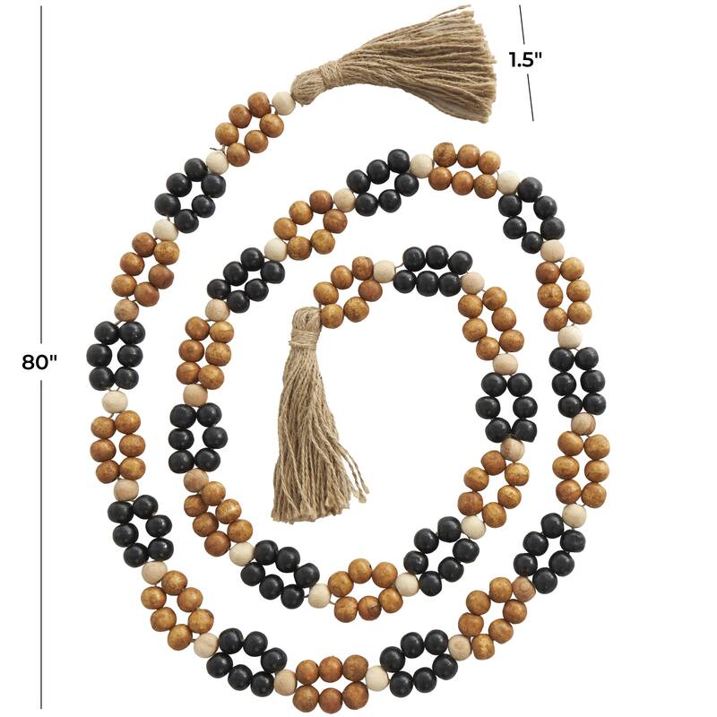 Mango Wood Handmade Round Double Layered Long Carved Beaded Garland with Tassel - Brown - Roche River Decor