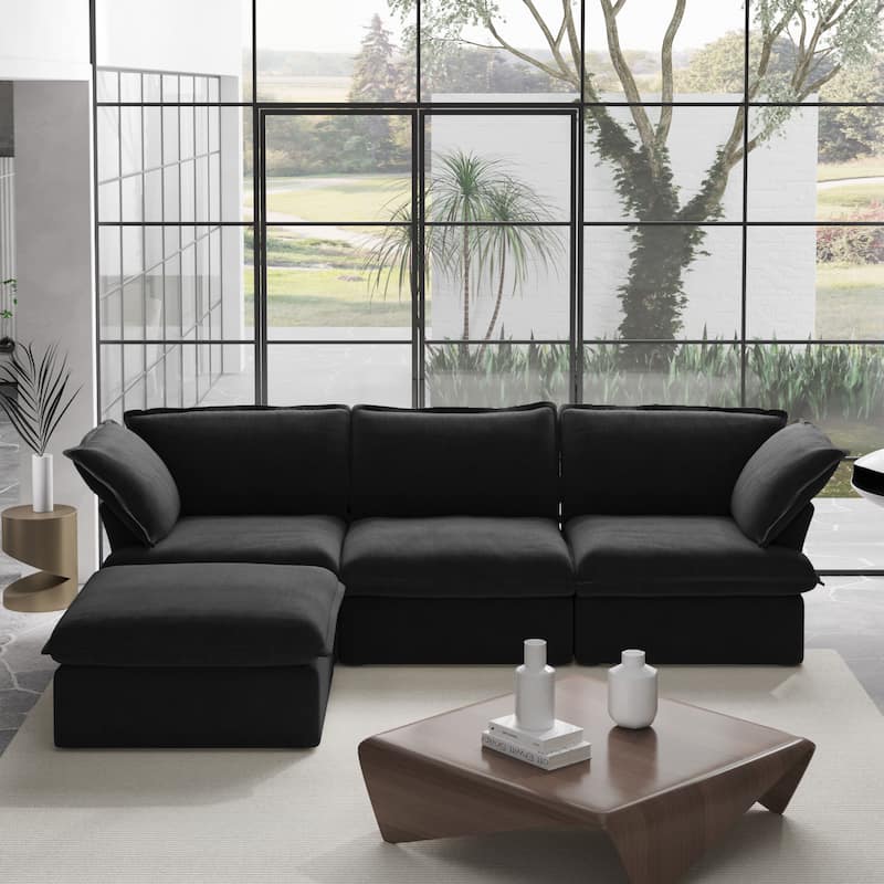 L Shaped Modern Comfy Cloud Sofa Couch, Minimalist Down-Filled Sectional Sofas Couches With Ottoman - Black