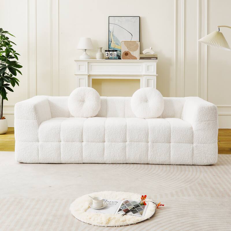 84.6-inch Modern Boneless Couch with Two Circular throw pillows, Skin-friendly lychee-textured long-pile polyester fabric