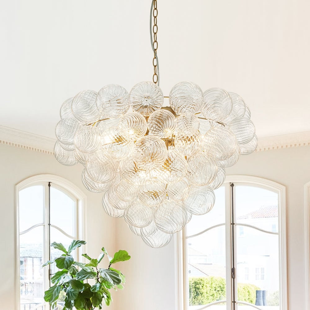 Modern Bubble Swirled Glass Globe Chandelier - Brushed Brass 27in