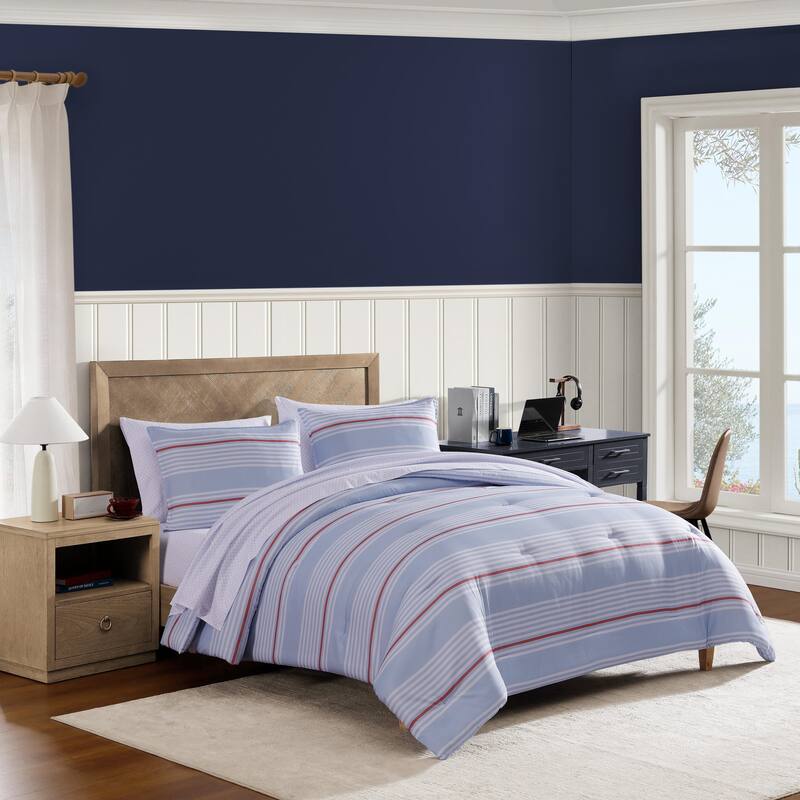 Tommy Hilfiger Lido Stripe Reversible Blue Comforter Bonus Set - Light Blue - Twin - Twin XL