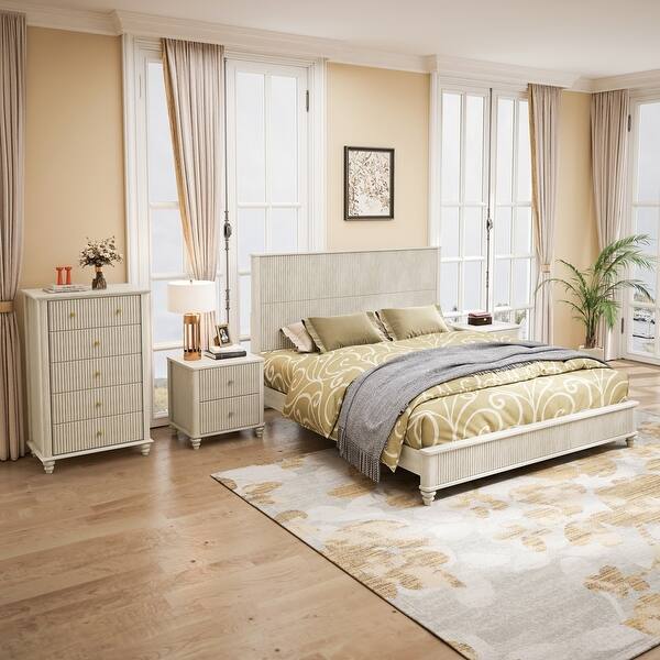 slide 2 of 33, 4-Piece Bedroom set with Wooden Bed 2 Nightstands and 5 Drawer Dresser