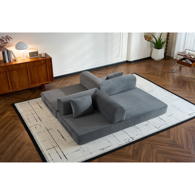 Convertible Sleeper Sofa Bed with Pillow, Corduroy Folding Mattress Couch with Fixed-Shape Frame, Floor Lounge Loveseat Sofa