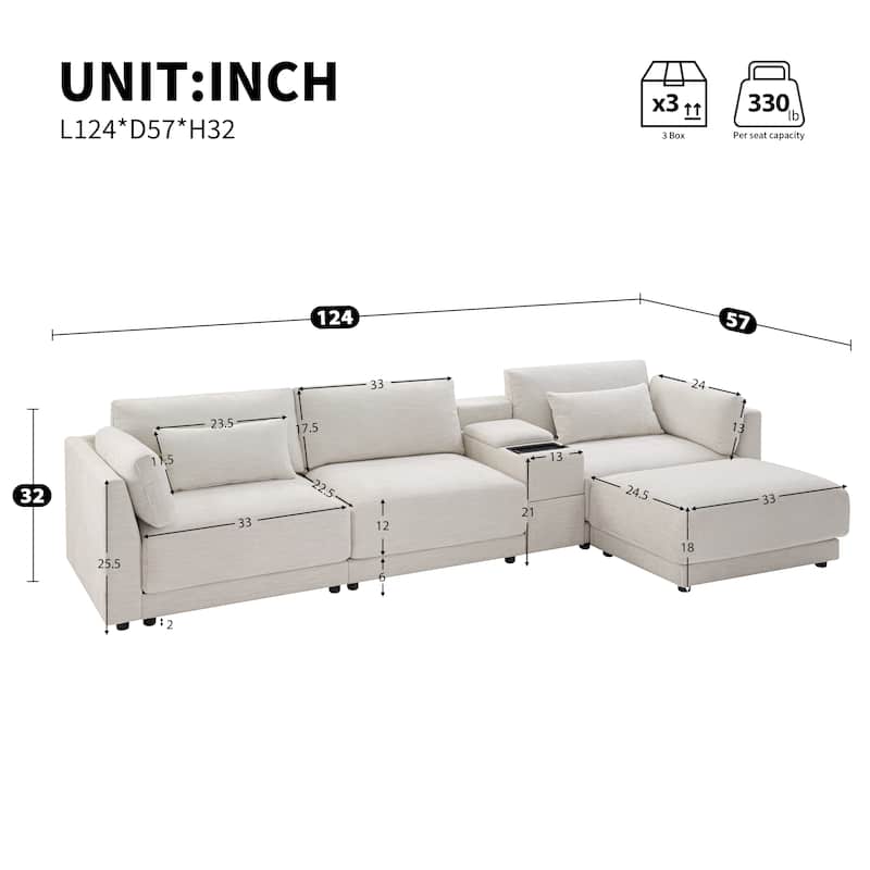 124'' Modular Sectional Sofa with Storage Console and Movable Ottoman, 4-Seat, Chenille, Beige