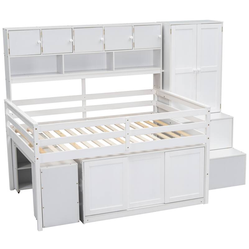 White Full Size Wooden Loft Bed with Integrated Wardrobe, Under-bed Desk, Drawers, with Shelves