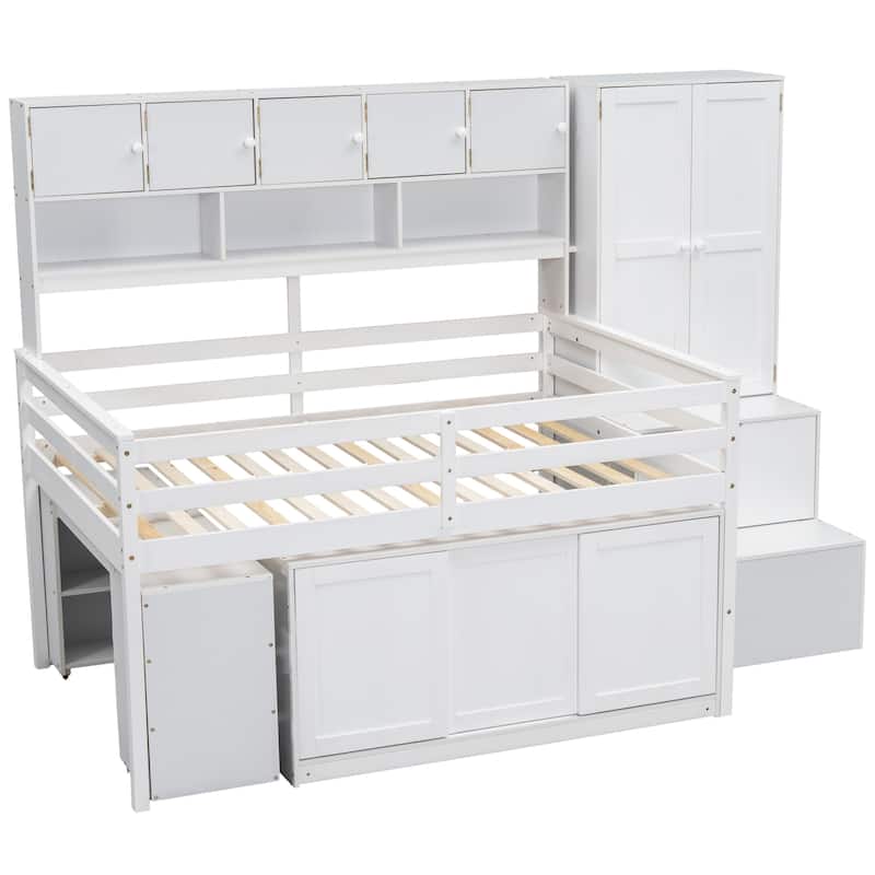 White Full Size Wooden Loft Bed with Integrated Wardrobe, Under-bed Desk, and Shelves