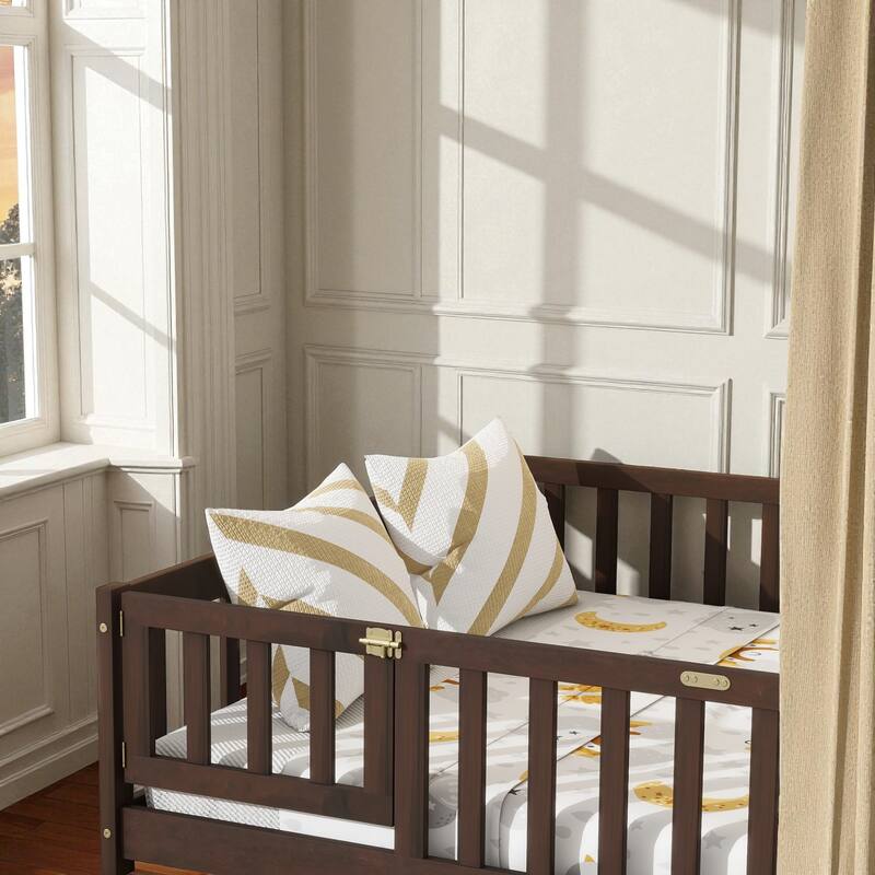 Full Size Rubber Wood Floor Bed with Fence and Door, Montessori Platform Bed with Safety Guardrails for Kids