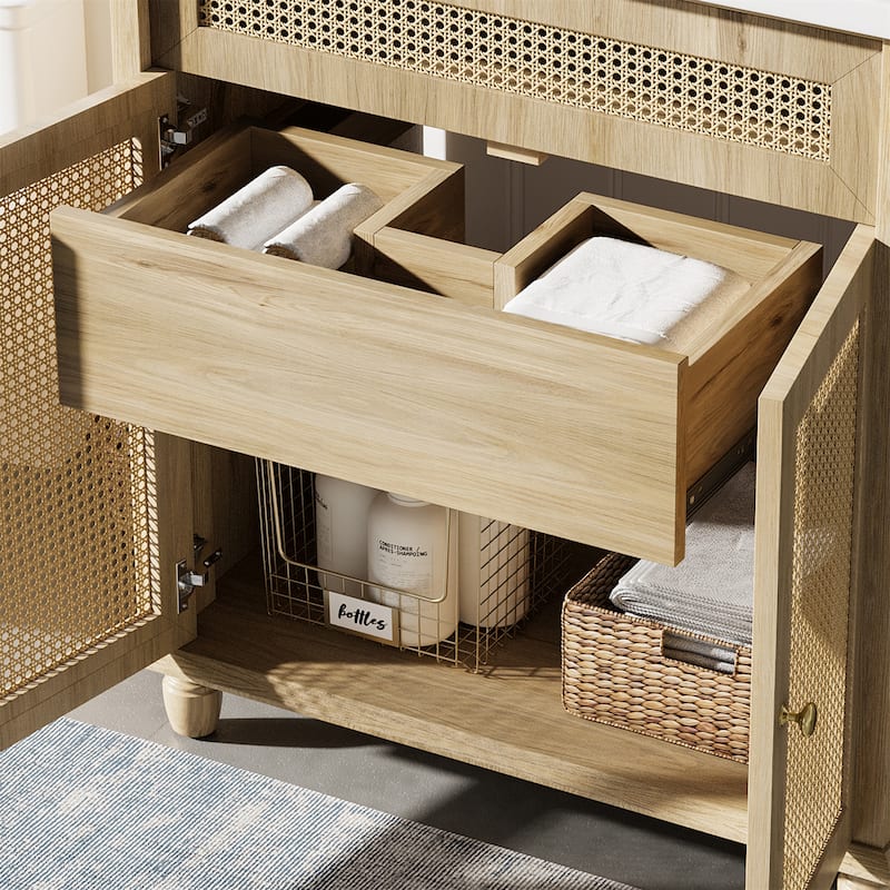 30" Bathroom Vanity with Handwoven Rattan Doors, Solid Wood Legs & Resin Basin