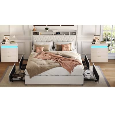3-Pieces Bedroom Sets,Metal Bed Frame with Outlets, Charger, 4 drawers and Two Nightstands with Charging Station and LED Lights