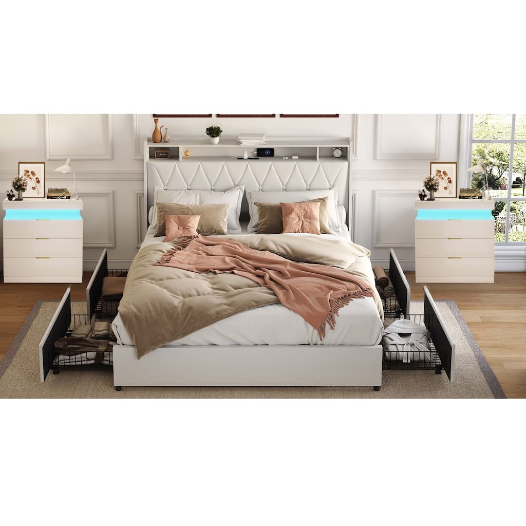 3-Pieces Bedroom Sets,Metal Bed Frame with Outlets, Charger, 4 drawers and Two Nightstands with Charging Station and LED Lights
