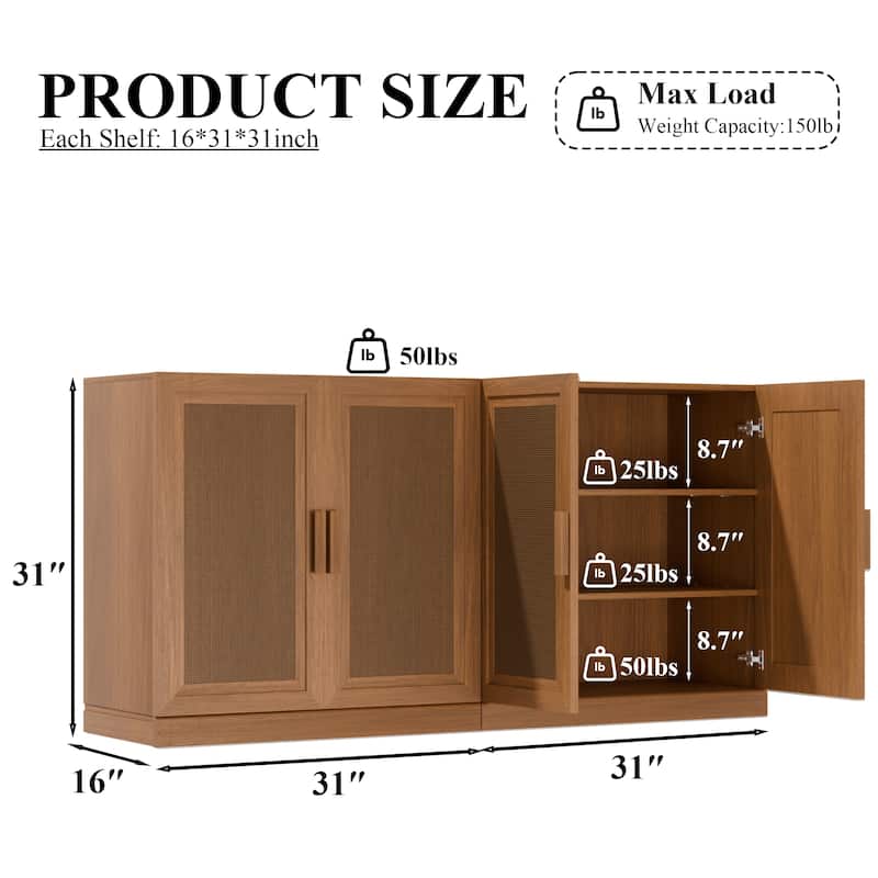 Dovelina Sideboard Buffet Storage Cabinets with Adjustable Shelves,Rattan Door - 62"Lx31"H