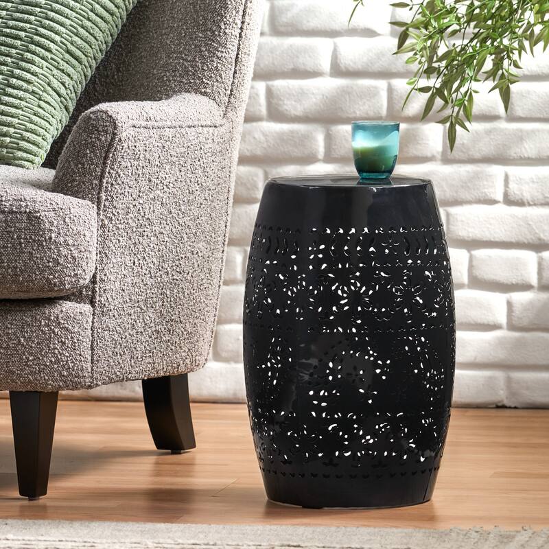 Side Table, Lace Cut Metal End Table for Outdoor & Indoor Use, Barrel Shape Accent Table, No Assembly Needed