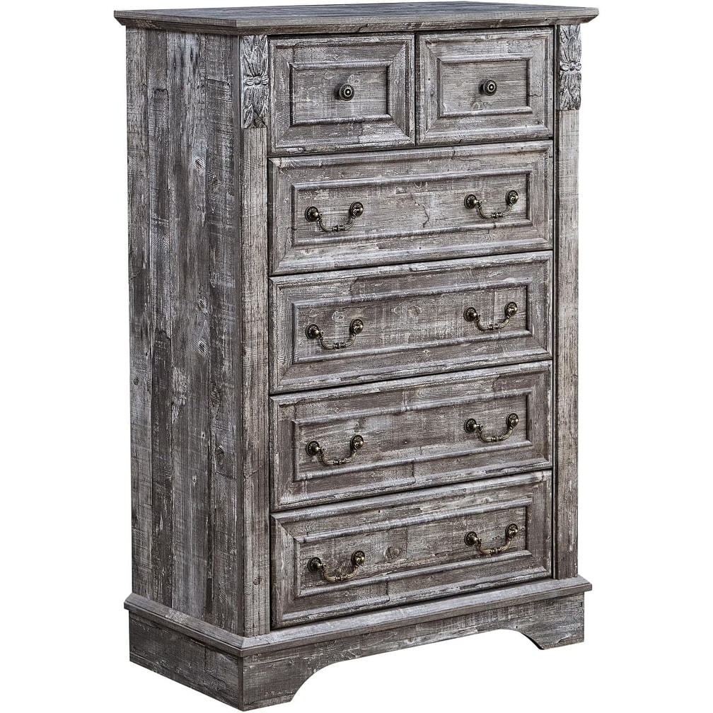 Vintage Grey Farmhouse Dresser with 6 Drawers, Carved Wood Design for Bedroom or Living Room
