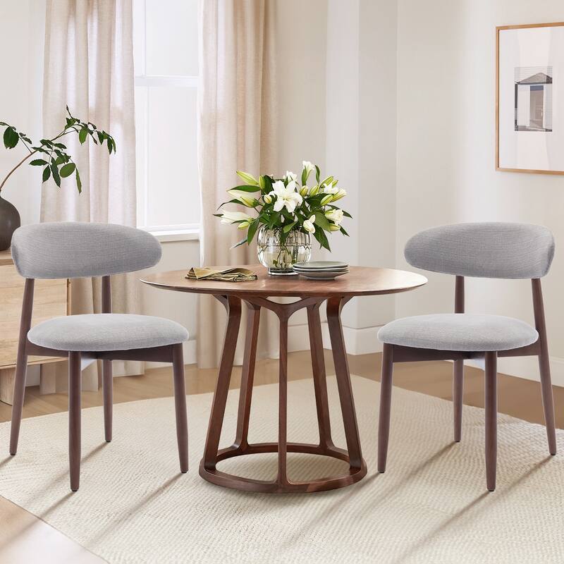 Set of 2 Wooden Dining Chairs, Fabric Upholstered, Beige