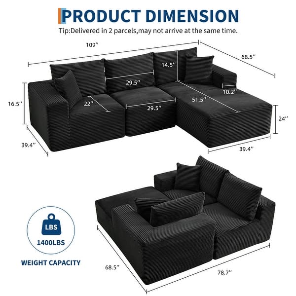 dimension image slide 4 of 8, 109'' Corduroy Modular Sectional Sofa with Chaise