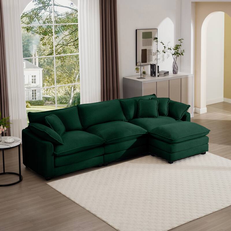 Green 115" Corduroy Cloud Upholstered Modular L-Shaped Sectional Sofa with Removable Ottoman and Free Combination Design - Green