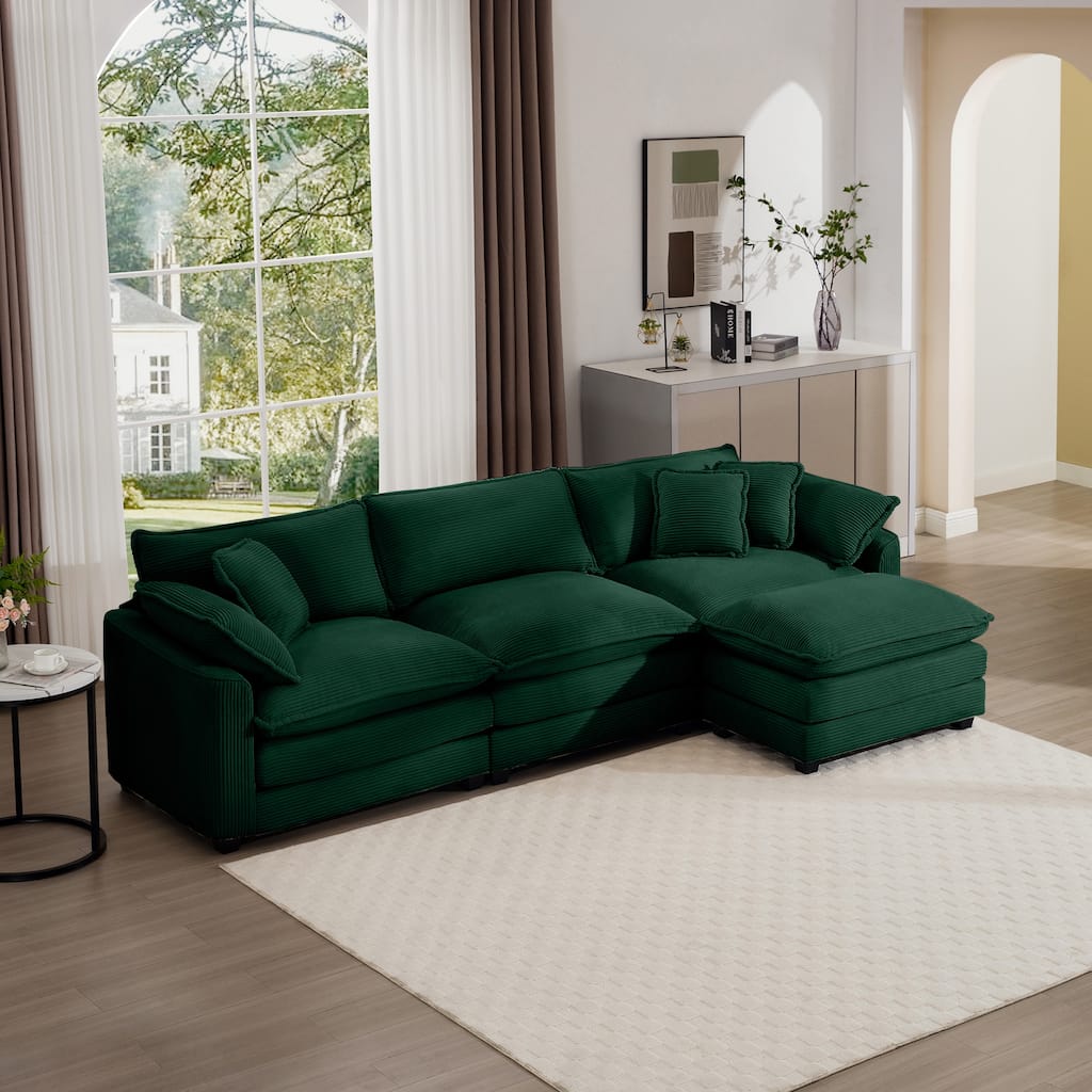 Green 115" Corduroy Cloud Upholstered Modular L-Shaped Sectional Sofa with Removable Ottoman and Free Combination Design