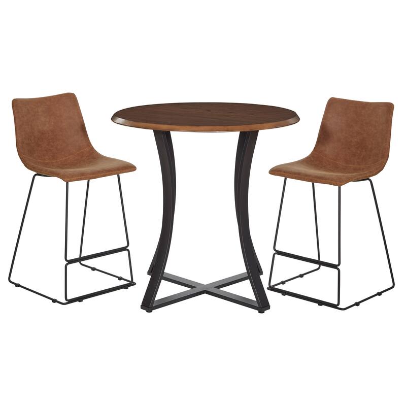 3-Piece 36" Round Top Counter Height Dining Table with 2 Faux Leather Stools - Oak Top / Sand Stools