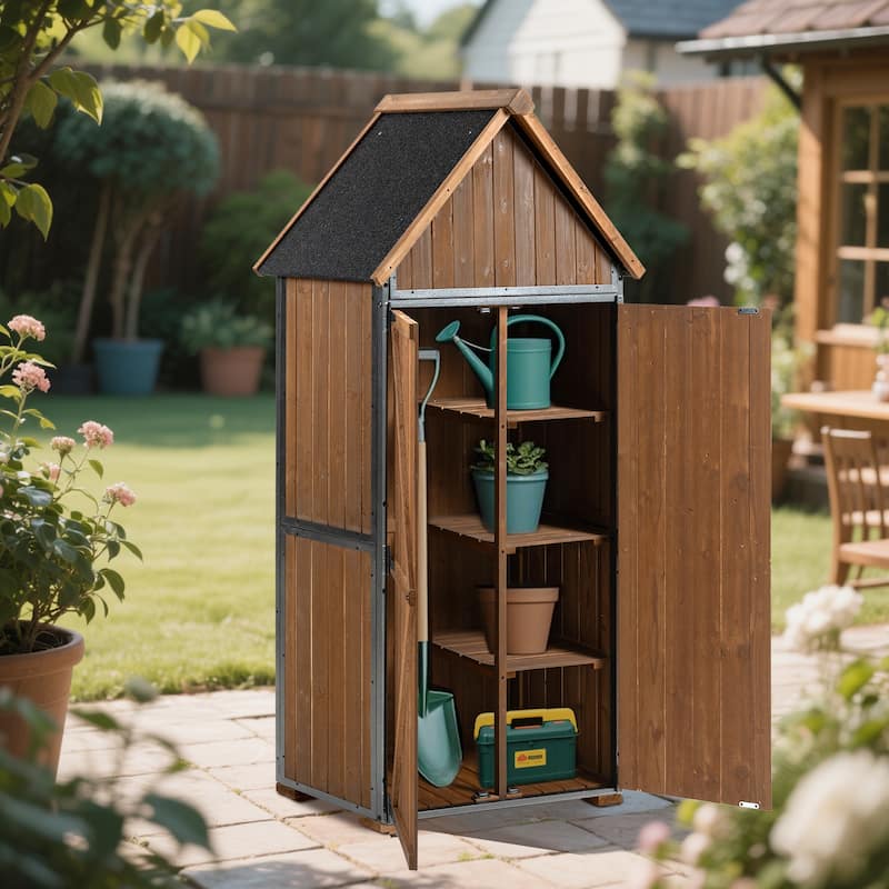 Outdoor Storage Cabinet 32.3"L X 21"W X 67"H, Garden Shed Tool Shed with Metal Frame Structure for Backyard Garden Patio Lawn