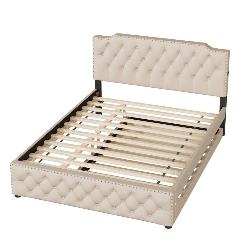 Queen Size Platform Bed with Twin Trundle & 2 Sets of USB Ports on Each Side, Linen Upholstered Bed w/ Button-Tufted Headboard
