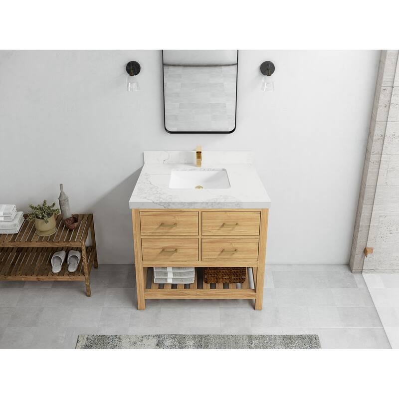Willow Collections 36 in. W x 22 in. D Parker Solid Teak Wood Single Sink Bathroom Vanity with Quartz or Marble Countertop
