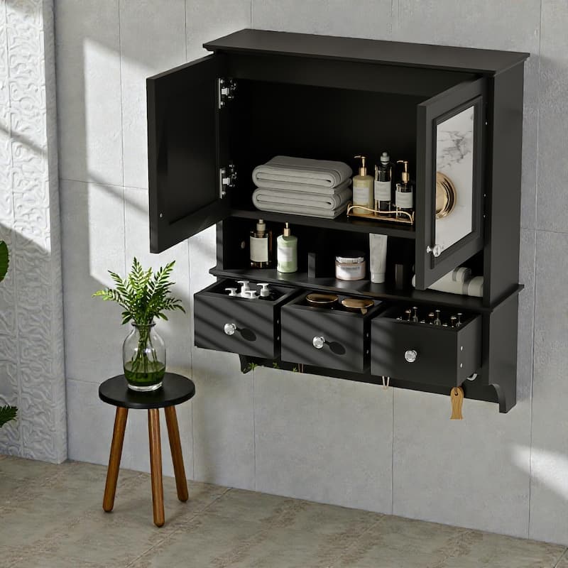 24 Inch 4-in-1 Wall Mounted Medicine Cabinet with Mirror, Drawers and Hooks, Bathroom Storage Organizer