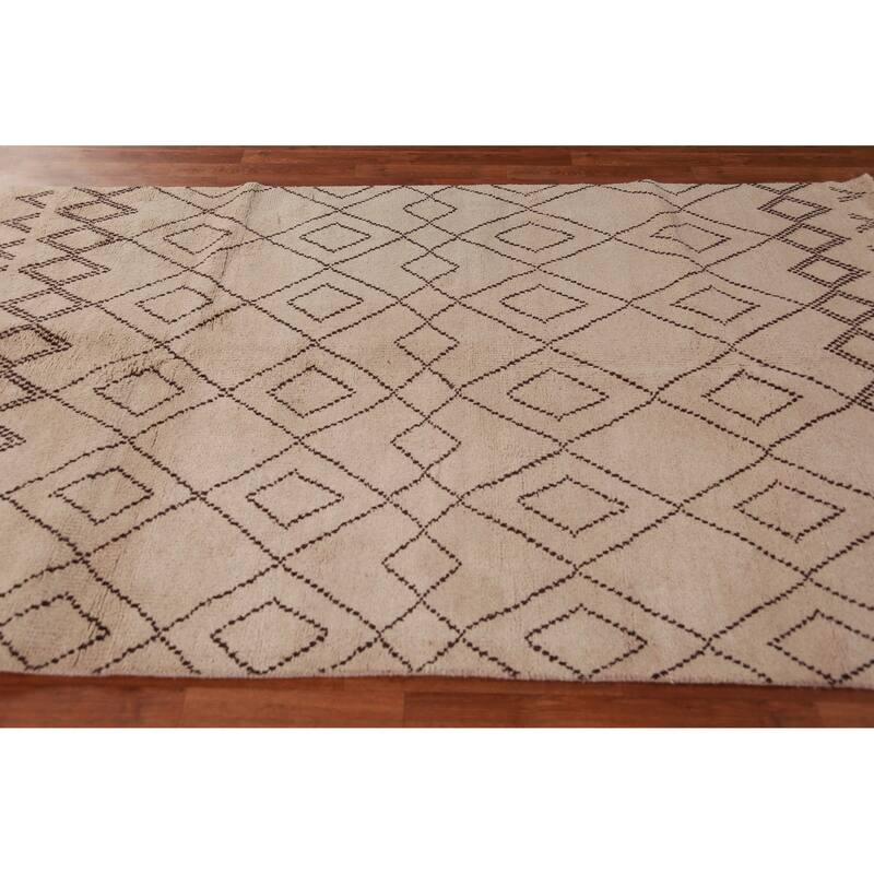 Hand Knotted Oriental 100% Wool Carpet Modern Geometric Beige & Ivories Moroccan Area Rug - 8' 0'' X 5' 0''